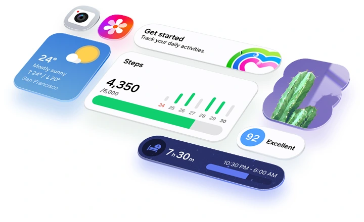 Various app icons and app widgets from the One UI 8.5 user interface are neatly arranged in a grid, highlighting the intuitive look.