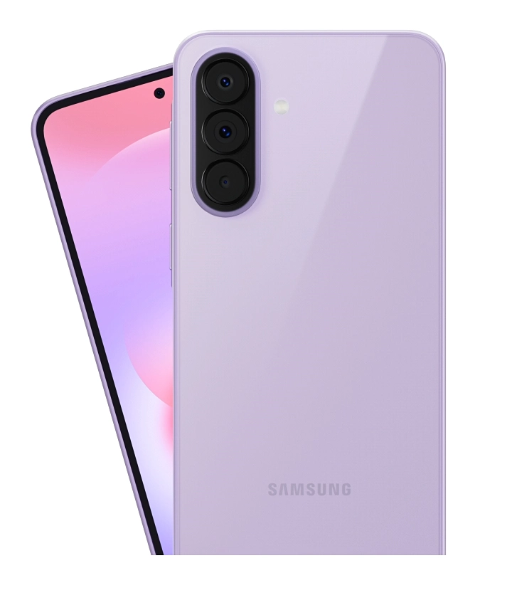 Galaxy A37 5G in Awesome Lavender spinning around to showcase the sleek phone design. Close-up of the back and front of Galaxy A37 5G in Awesome Lavender with light shimmering across the glossy glass finish.
