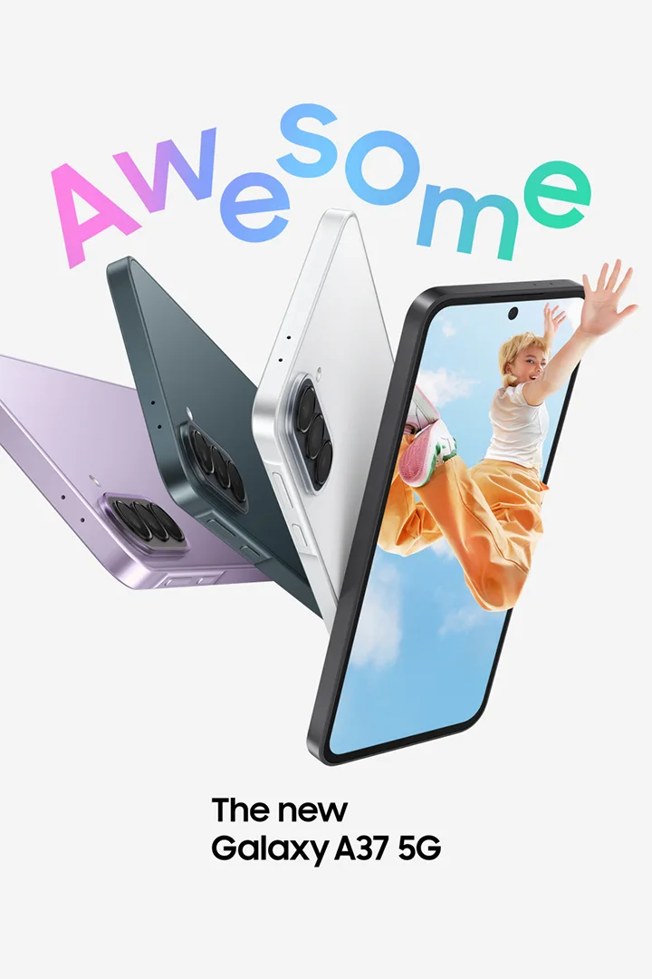 Galaxy A37 5G in Awesome Lavender, Awesome Graygreen and Awesome White are shown from the side and back view, highlighting the slim design and the Triple Camera system on the back. Galaxy A37 5G in Awesome Charcoal is facing slightly right with a colorful image onscreen of a young woman jumping in the air with her hand reaching outside of the phone screen. Awesome. The new Galaxy A37 5G.