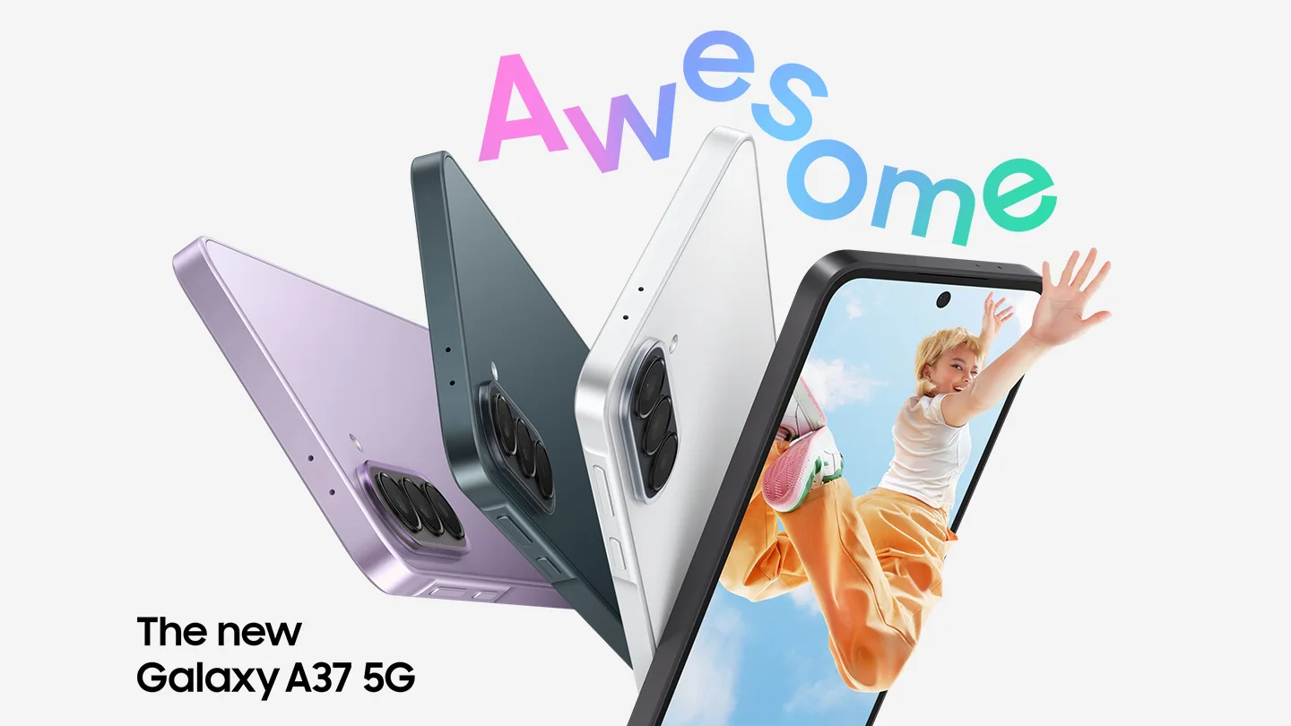 Galaxy A37 5G in Awesome Lavender, Awesome Graygreen and Awesome White are shown from the side and back view, highlighting the slim design and the Triple Camera system on the back. Galaxy A37 5G in Awesome Charcoal is facing slightly right with a colorful image onscreen of a young woman jumping in the air with her hand reaching outside of the phone screen. Awesome. The new Galaxy A37 5G.