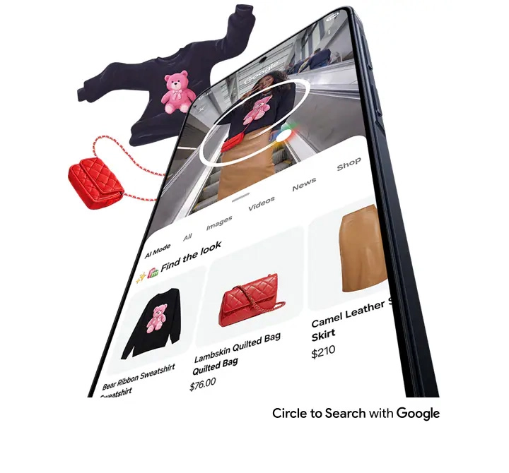 Galaxy A57 5G shown facing forward in portrait mode with a young woman onscreen and a circle drawn over two pieces from her outfit using Circle to Search with Google. The two pieces, a bag and a sweater, are shown in search results underneath and pop out of the screen.