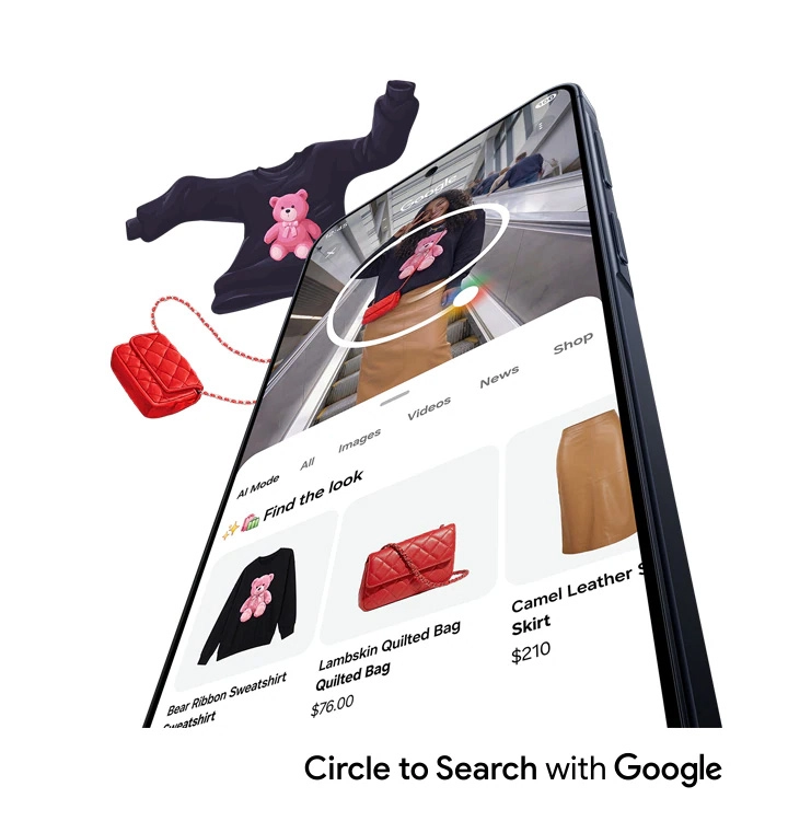 Galaxy A57 5G shown facing forward in portrait mode with a young woman onscreen and a circle drawn over two pieces from her outfit using Circle to Search with Google. The two pieces, a bag and a sweater, are shown in search results underneath and pop out of the screen.