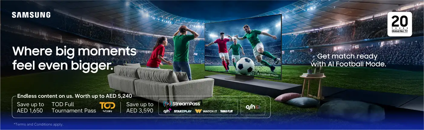 Samsung AI TV football promotion featuring AI Football Mode, immersive stadium viewing, TOD Tournament Pass, and exclusive entertainment offers on selected Samsung TVs.