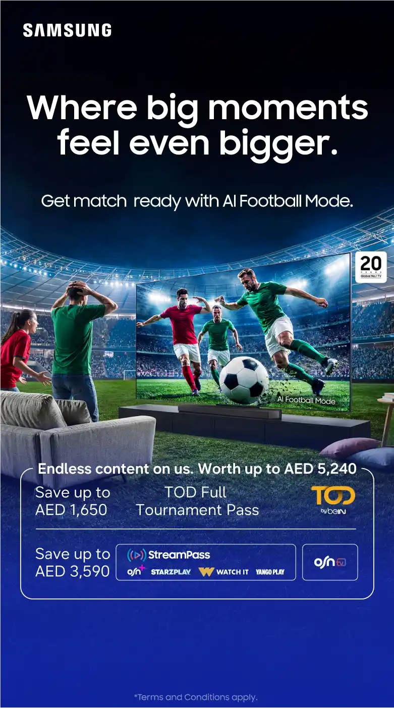 Samsung AI TV football promotion featuring AI Football Mode, immersive stadium viewing, TOD Tournament Pass, and exclusive entertainment offers on selected Samsung TVs.