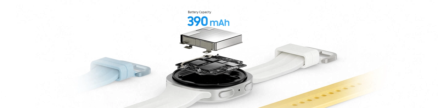 Close-up view of the components inside the case of a Galaxy Watch9 in Cream with a Sport Band in Cream shown facing up with the watch battery placed on top, highlighting the increased 390 mAh battery capacity for reliable, lasting power through daily activities and night recovery. A Sport Band in Blue and a Sport Band in Yellow placed around the watch.