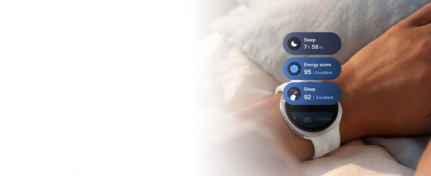 Galaxy Watch9 in Cream with a Sport Band in Cream worn on a person's wrist with light waves spreading from the watch along the person's arm to signify sleep tracking. Three sleep tracking tiles appear above the watch display, including a tile with sleep duration 7 h 58 m, a tile with an Excellent Energy score of 95 and a sleep coaching tile with a penguin icon and an Excellent sleep score of 92.