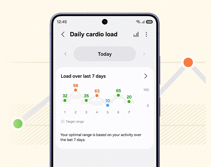 Today's daily cardio load information from Galaxy Watch9 shown on the screen of Galaxy S26 with a graph showing the training load over the last 7 days with various scores placed on the graph. Text Your optimal range is based on your activity over the last 7 days.