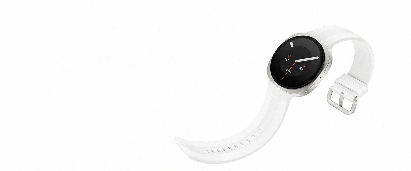 Galaxy Watch9 in Cream with a Sport Band in Cream shown angled slightly to the left with the band unfastened, showcasing the thin and soft design of the Sport Band for all-day comfort around your wrist.