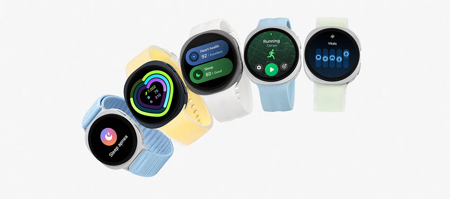 Galaxy Watch9 44 mm model in Graphite with a Fabric Band in Blue, Galaxy Watch9 44 mm model in Graphite with a Misty Band in Yellow, Galaxy Watch9 44 mm model in Silver with a Sport Band in Cream, Galaxy Watch9 40 mm model in Cream with a Sport Band in Blue and Galaxy Watch9 40 mm model in Cream with a Misty Band in Green are lined up to showcase the light, comfortable and versatile design of the watch and compatible bands.