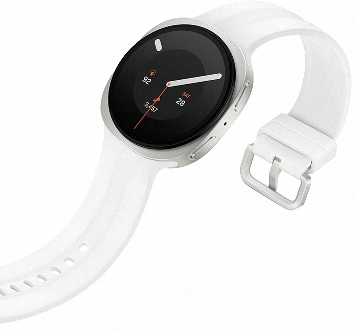 Galaxy Watch9 in Cream with a Sport Band in Cream shown angled slightly to the left with the band unfastened, showcasing the thin and soft design of the Sport Band for all-day comfort around your wrist.