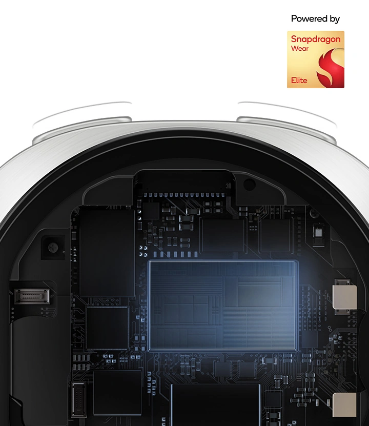 Close-up view inside the case of a Galaxy Watch9 in Cream with a Sport Band in Cream, highlighting the power-efficient Snapdragon® Wear Elite Platform that delivers faster performance with quick responses for daily multitasking across various watch apps and workout tracking. Powered by Snapdragon® Wear Elite Platform logo shown.