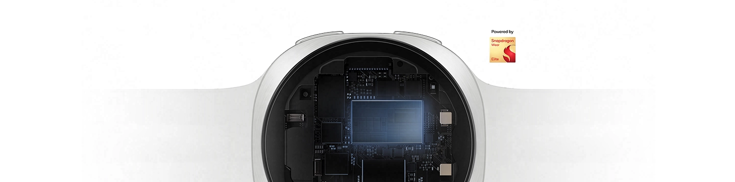 Close-up view inside the case of a Galaxy Watch9 in Cream with a Sport Band in Cream, highlighting the power-efficient Snapdragon® Wear Elite Platform that delivers faster performance with quick responses for daily multitasking across various watch apps and workout tracking. Powered by Snapdragon® Wear Elite Platform logo shown.