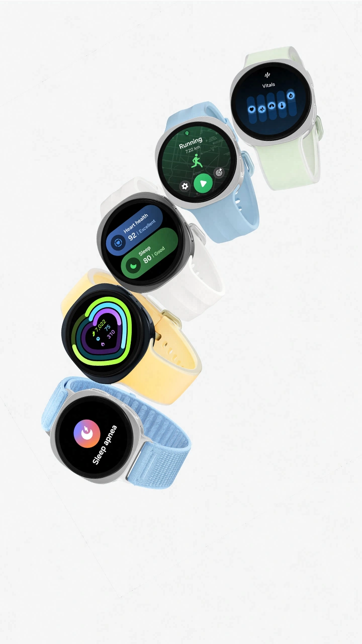 Galaxy Watch9 44 mm model in Graphite with a Fabric Band in Blue, Galaxy Watch9 44 mm model in Graphite with a Misty Band in Yellow, Galaxy Watch9 44 mm model in Silver with a Sport Band in Cream, Galaxy Watch9 40 mm model in Cream with a Sport Band in Blue and Galaxy Watch9 40 mm model in Cream with a Misty Band in Green are lined up to showcase the light, comfortable and versatile design of the watch and compatible bands.