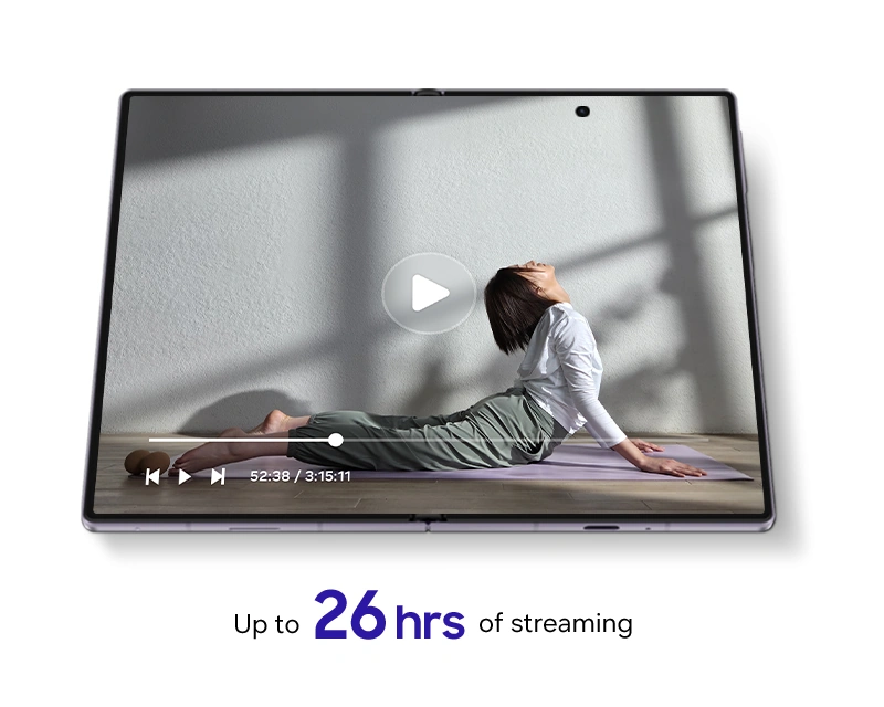 Unfolded Galaxy Z Fold8 is seen from the main screen and video that's over 3 hours long is being watched.