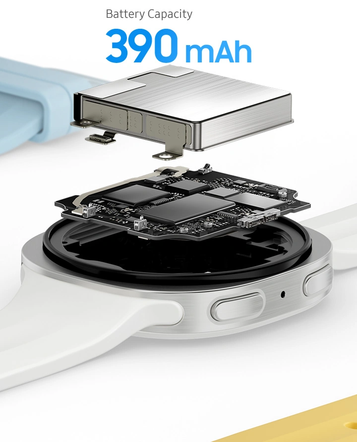Close-up view of the components inside the case of a Galaxy Watch9 in Cream with a Sport Band in Cream shown facing up with the watch battery placed on top, highlighting the increased 390 mAh battery capacity for reliable, lasting power through daily activities and night recovery. A Sport Band in Blue and a Sport Band in Yellow placed around the watch.