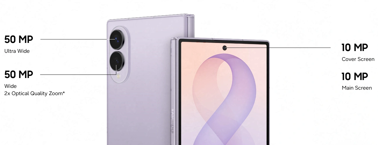 Two folded Galaxy Z Fold8 devices. One is seen from the cover screen and one is seen from the rear. The rear cameras are 50 megapixel ultra wide and 50 megapixel wide 2 times optical quality zoom. The front cameras are 10 megapixel cover screen and main screen.