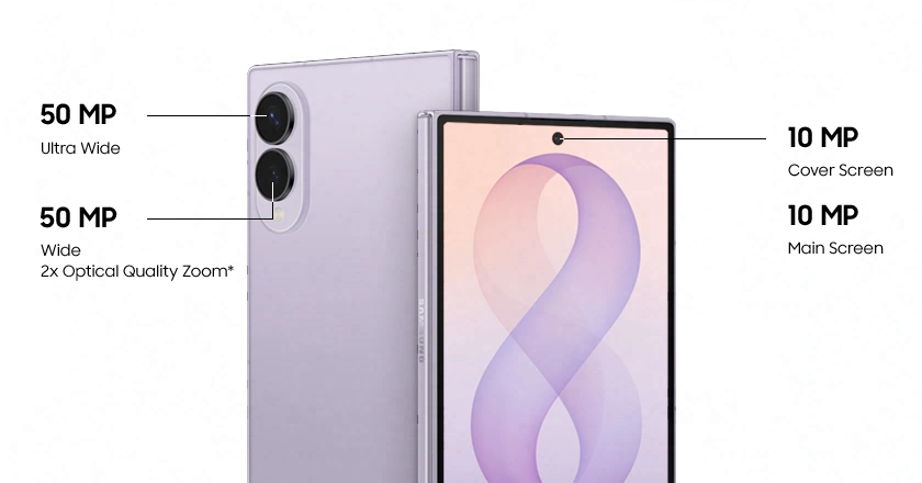 Two folded Galaxy Z Fold8 devices. One is seen from the cover screen and one is seen from the rear. The rear cameras are 50 megapixel ultra wide and 50 megapixel wide 2 times optical quality zoom. The front cameras are 10 megapixel cover screen and main screen.