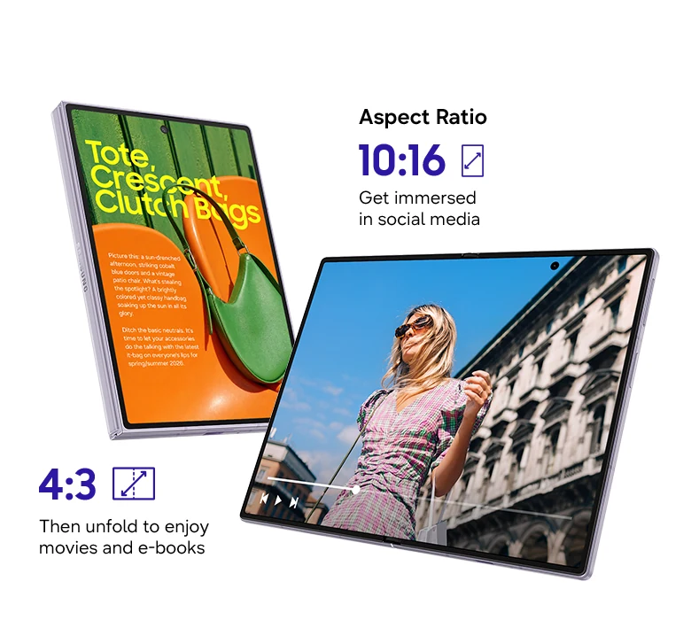 Two Galaxy Z Fold8 devices are seen. One is folded and a magazine is being viewed on the 10:16 cover screen. The other is unfolded and a video is being played on the 4:3 main screen.