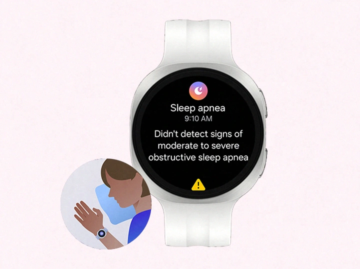 Galaxy Watch9 in Cream with a Sport Band in Cream shown facing forward with the sleep apnea risk detection feature interface shown on the display with a sleep apnea icon, the time and text Didn't detect signs of moderate to severe obstructive sleep apnea. Illustrative icon of a person wearing Galaxy Watch9 on their wrist while sleeping with the sleep apnea risk detection feature on.