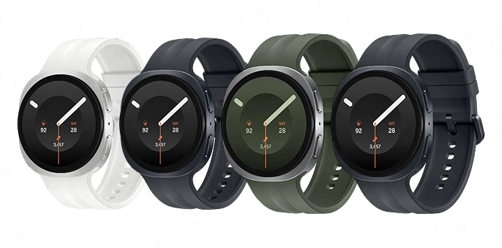 Galaxy Watch9 40 mm model in Cream with a Sport Band in Cream shown angled slightly to the left with the band fastened, Galaxy Watch9 40 mm model in Graphite with a Sport Band in Black shown angled slightly to the left with the band fastened, Galaxy Watch9 40 mm model in Graphite with a Sport Band in Black shown angled slightly to the left with the band fastened, Galaxy Watch9 44 mm model in Silver with a Sport Band in Olive shown angled slightly to the left with the band fastened, Galaxy Watch9 44 mm model in Graphite with a Sport Band in Black shown angled slightly to the left with the band fastened.