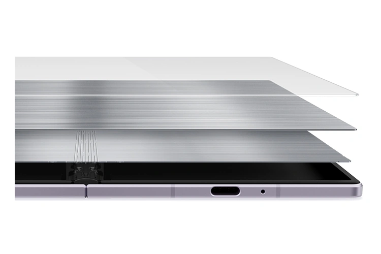 Unfolded Galaxy Z Fold8 is seen from a bottom view. Two titanium layers are seen between the device and the screen.