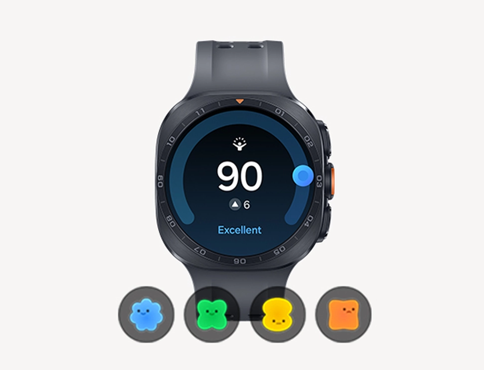 Galaxy Watch Ultra2 in Titanium Gray with a Marine Band in Black shown facing foward with an Excellent Energy Score of 90 and 6 points up from the day before shown on the display and four character icons underneath, signifying various levels of Energy Scores.