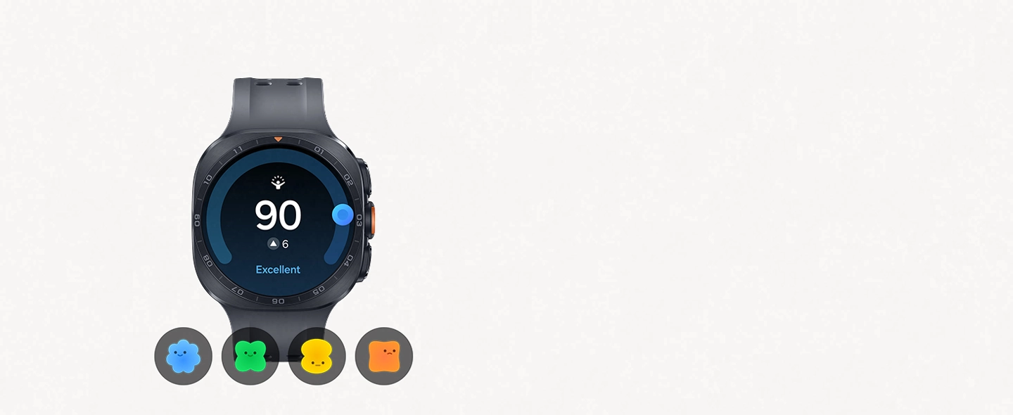 Galaxy Watch Ultra2 in Titanium Gray with a Marine Band in Black shown facing foward with an Excellent Energy Score of 90 and 6 points up from the day before shown on the display and four character icons underneath, signifying various levels of Energy Scores.