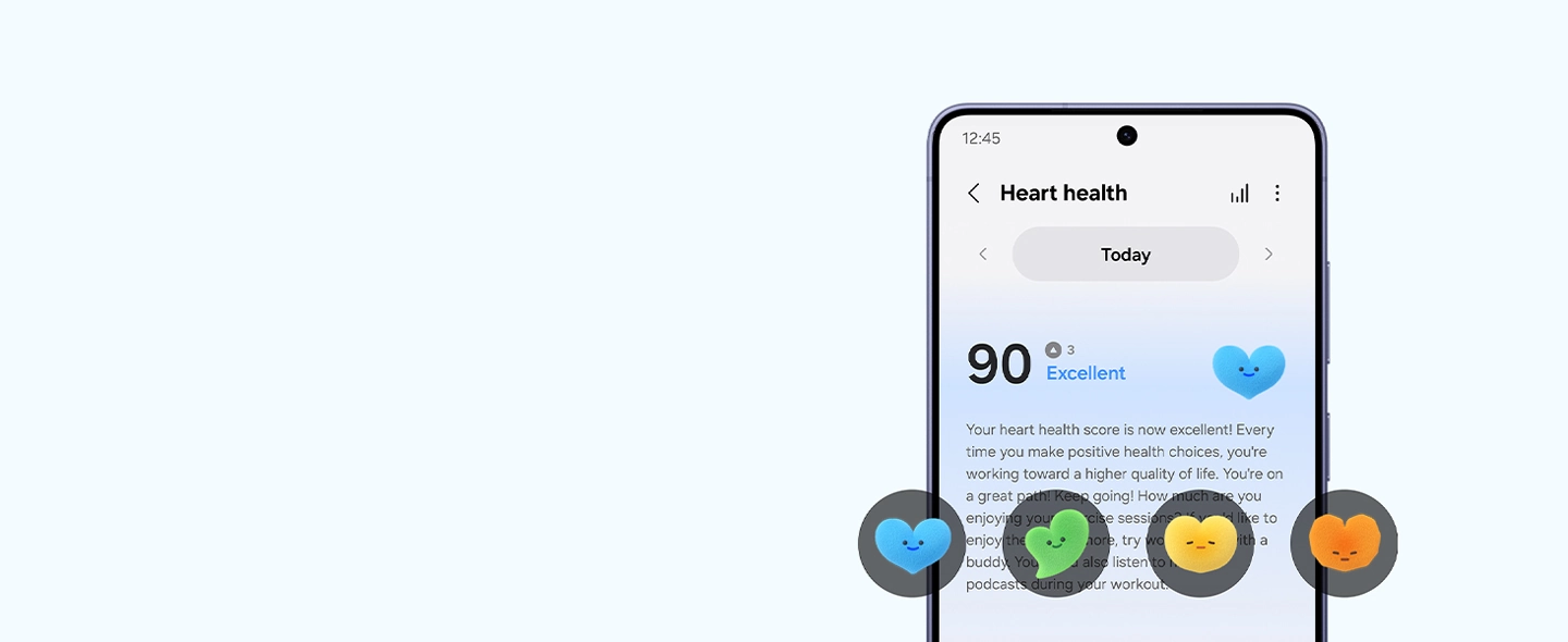 A screen of Galaxy S26 displaying the details of today's heart health with an Excellent score of 90. Four different heart icons in bubbles each representing a different grade of Heart Health Score.