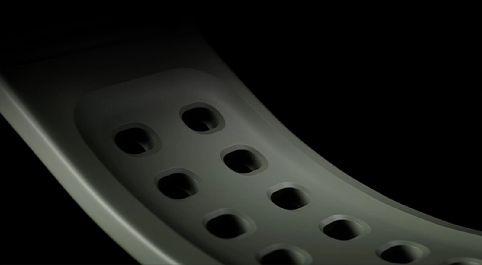Close-up view of a Marine Band for Galaxy Watch Ultra2 in Olive, showcasing the Air Pocket design on the inner surface of the band made for breathable comfort and easy moisture draining.