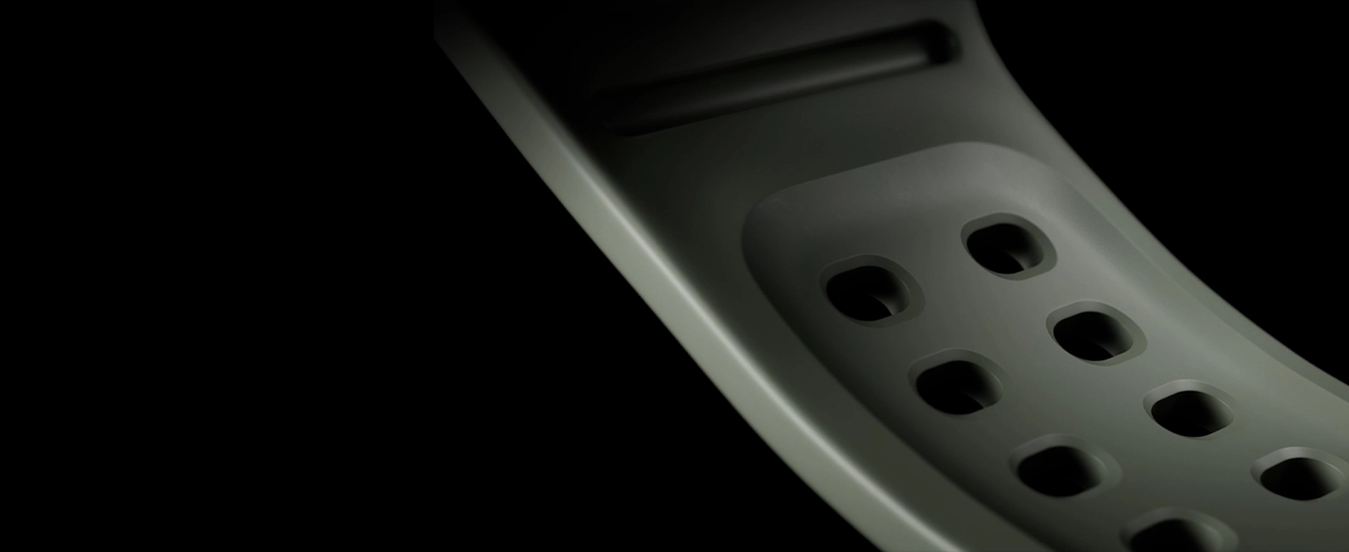 Close-up view of a Marine Band for Galaxy Watch Ultra2 in Olive, showcasing the Air Pocket design on the inner surface of the band made for breathable comfort and easy moisture draining.