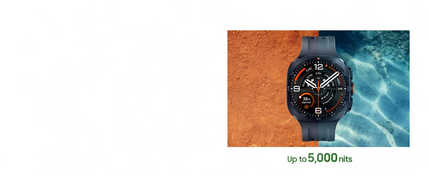 Galaxy Watch Ultra2 in Titanium Silver with an Olive Marine Band, shown facing upward outdoors in direct sunlight. A background divided between sandy terrain and sunlit water emphasizes the high visibility of the 5,000-nit display across different environments.