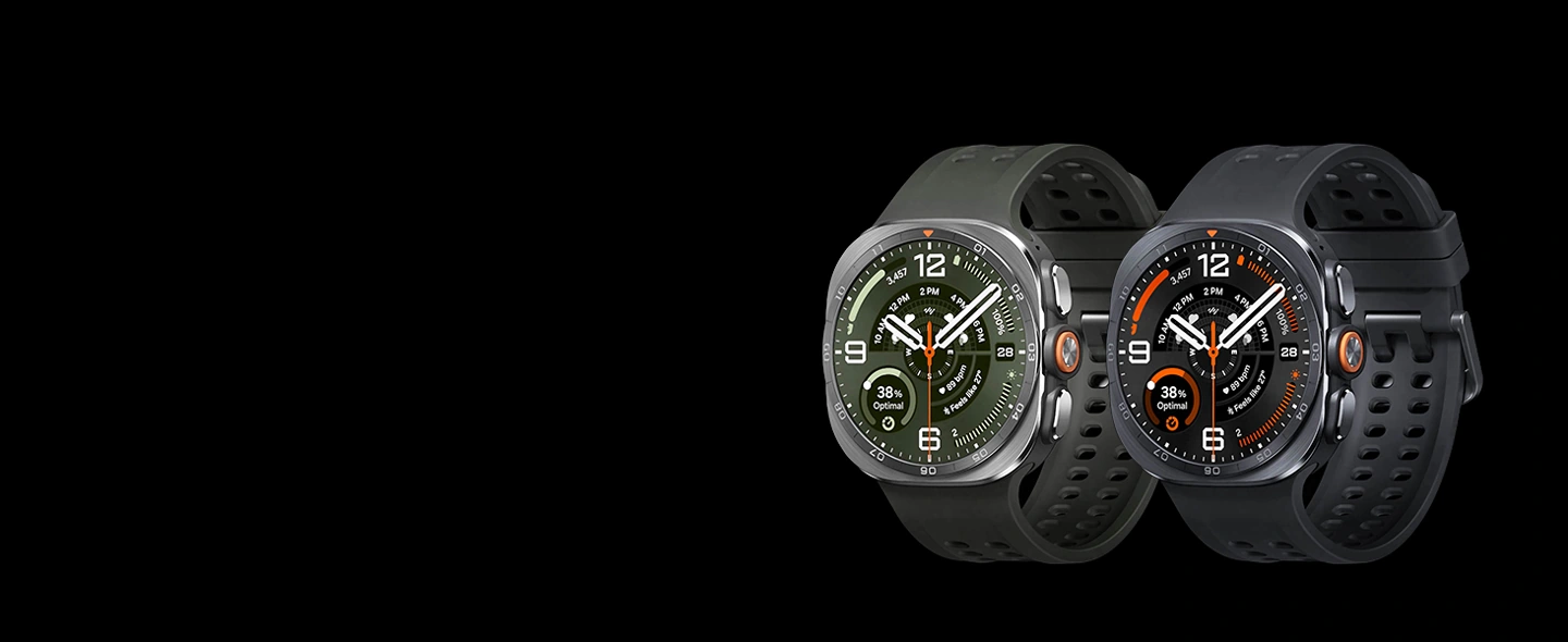 Titanium Silver - 
Galaxy Watch Ultra2 in Titanium Silver with a Marine Band in Olive shown facing slightly left, showcasing the overall design of the watch and band in detail. Titanium Gray - Galaxy Watch Ultra2 in Titanium Gray with a Marine Band in Black shown facing slightly left, showcasing the overall design of the watch and band in detail.