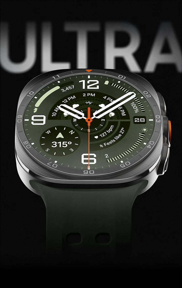 Galaxy Watch Ultra2 in Titanium Silver with a Marine Band in Olive shown up close, facing front and angled slightly upward, highlighting the overall bold, premium watch design. The word ULTRA appears in large text in the background.