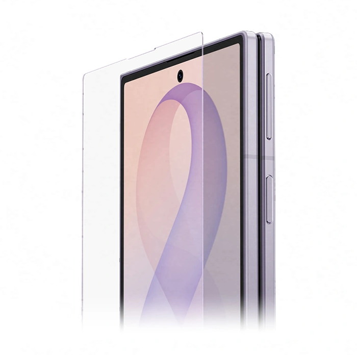 Folded Galaxy Z Fold8 is seen from the cover screen. A sheet of protective glass hovers over the screen.