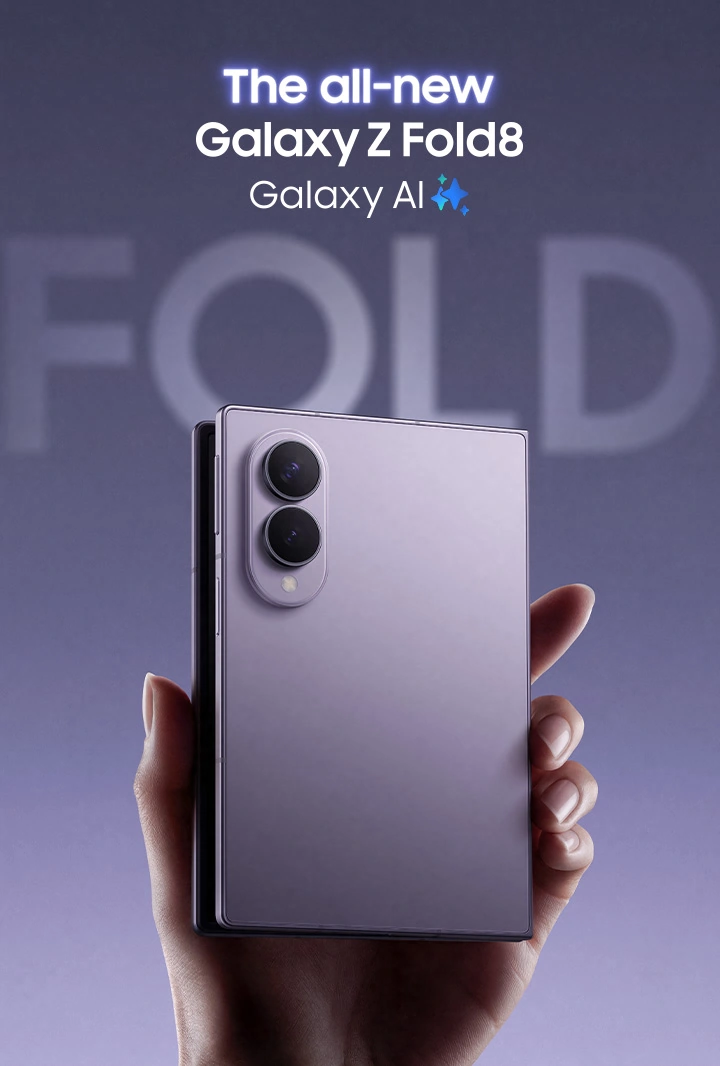 A slightly unfolded Galaxy Z Fold8 is being held in someone's hand at an angle.