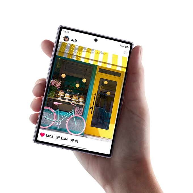 Galaxy Z Fold8 is being held comfortably in one hand. Social media content is then seen on the cover screen.