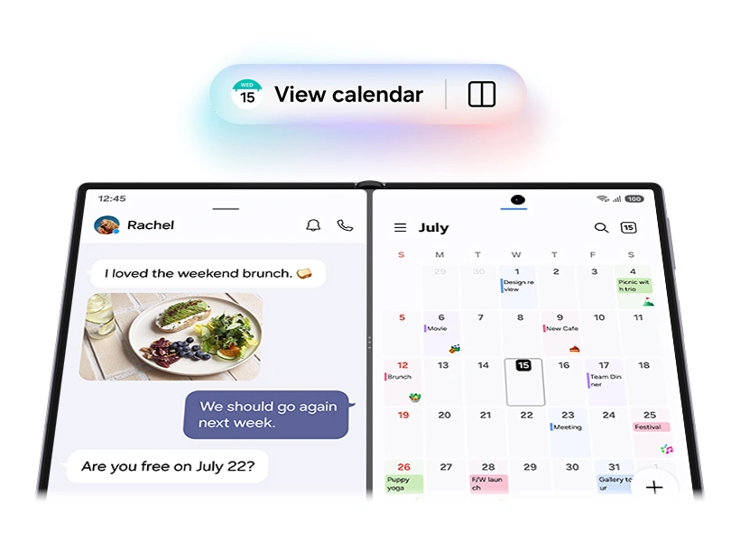 A Now Nudge prompt says 'View calendar'. There is a split view icon in the prompt. The prompt sits above Galaxy Z Fold8 Ultra seen from the Main Screen in split view mode. One side shows the Messages app and the other side has the Calendar app.
