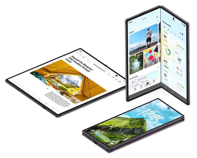 Three Galaxy Z Fold8 Ultra devices are arranged. One is unfolded with an online article on the main screen. One is half unfolded to show a split view. On one side is the Gallery app and Samsung Health is on the other. Last, a folded device is seen with a scenic photo and Clock Widget on the cover screen.