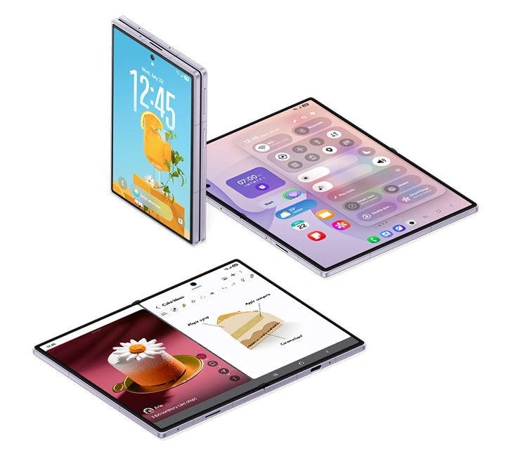 Three Galaxy Z Fold8 devices are arranged. One is folded with a photo and a Clock Widget on the cover screen. Another is unfolded showing the home screen with the Quick Panel active. Last, an unfolded device with two different apps active in a split view on the main screen.