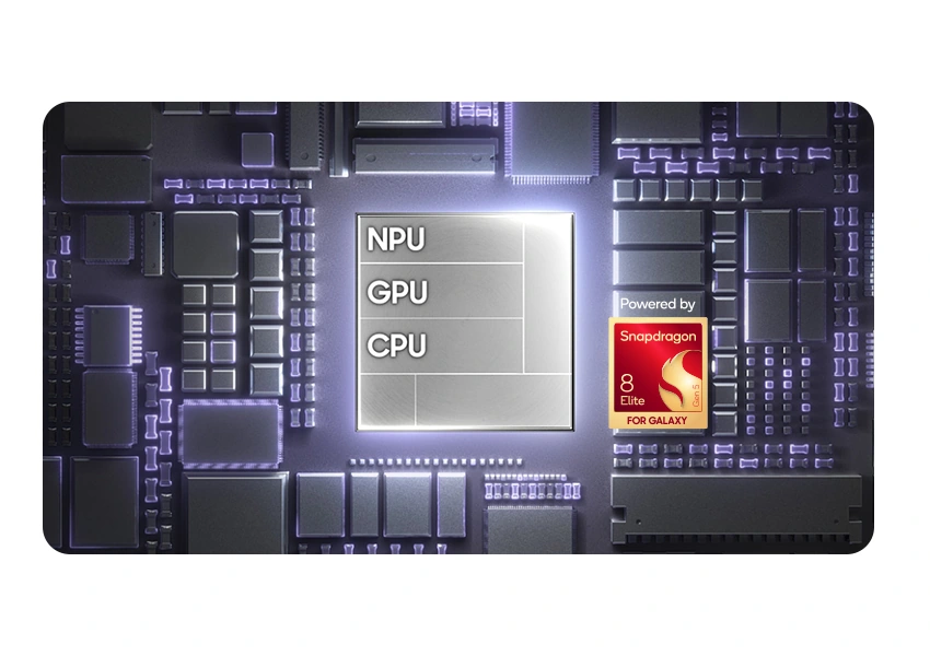Galaxy Z Fold8's chip is seen on a chipboard with NPU, GPU, CPU. Powered by Snapdragon 8 Elite Gen 5 for Galaxy.