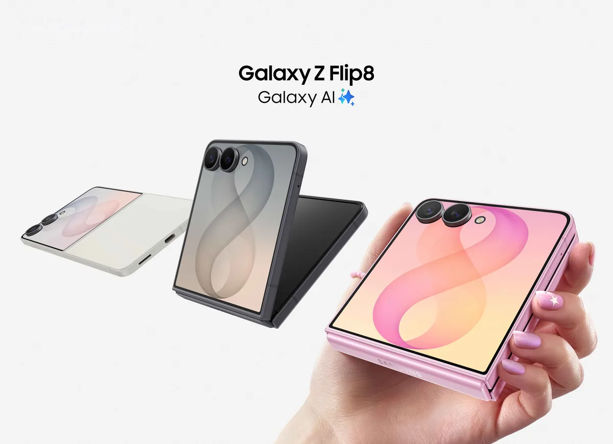 Samsung Galaxy Z Flip8 compact clamshell foldable smartphone showing FlexWindow cover display