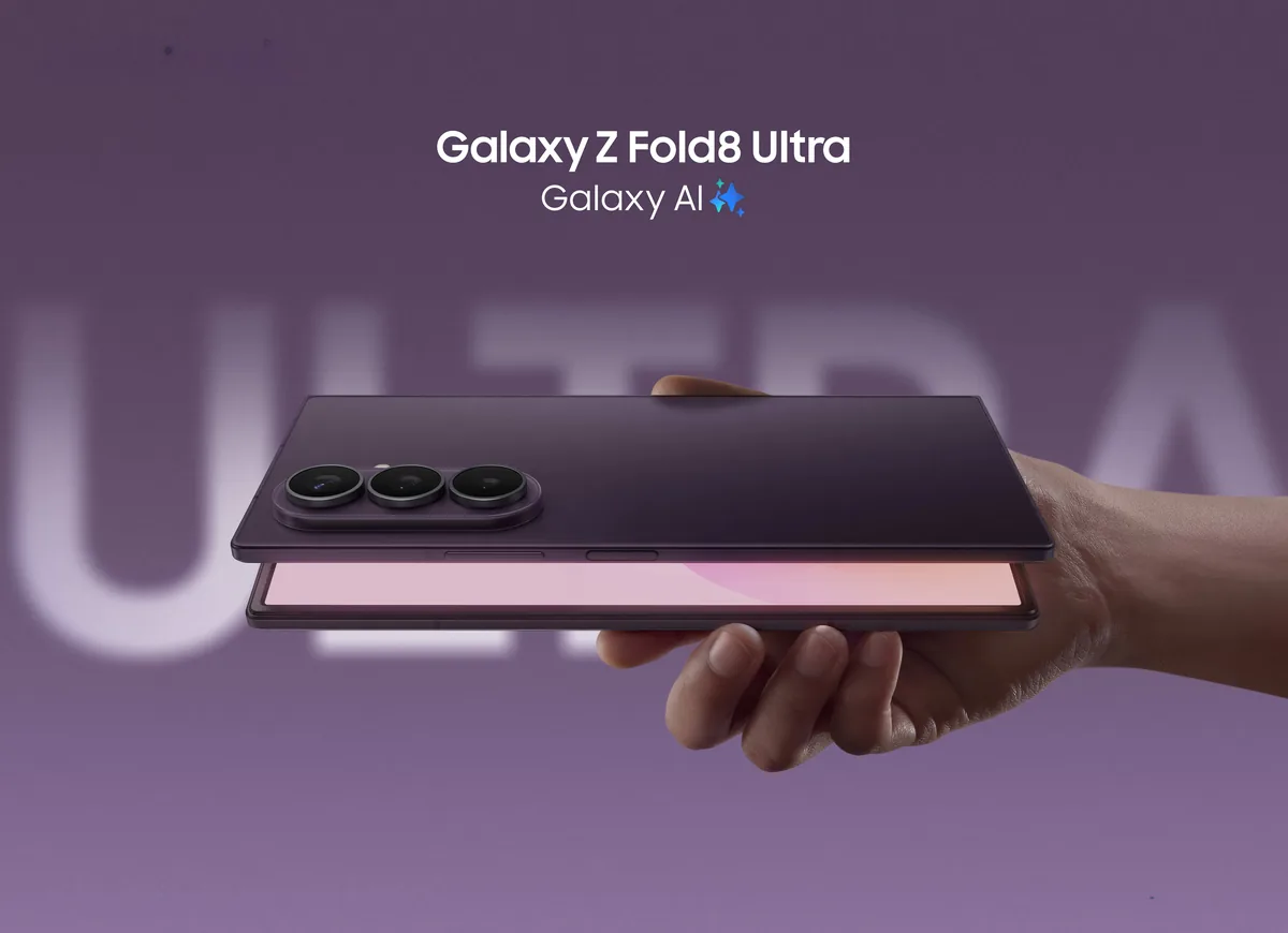 Samsung Galaxy Z Fold8 Ultra premium foldable smartphone unfolded showing 8 inch display for multitasking