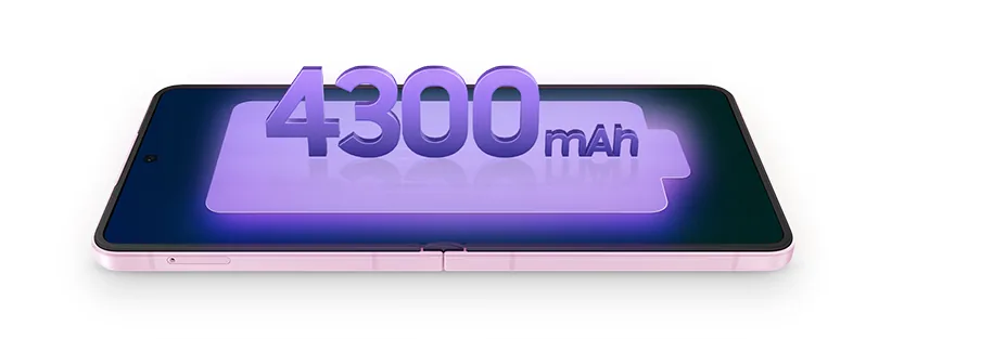 Unfolded Galaxy Z Flip8 is seen with 4300 milliampere battery on the screen.