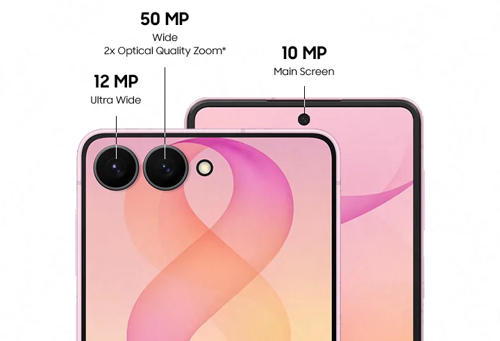Galaxy Z Flip8's camera specs. Rear camera. 12 MP Ultra Wide. 50 MP Wide, 2x Optical Quality Zoom. Main Screen camera. 10 MP.
