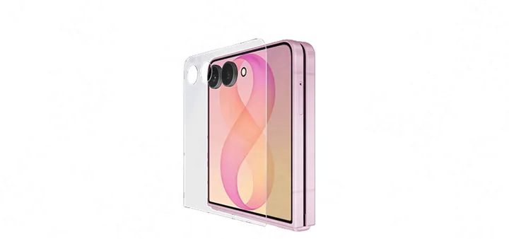 Folded Galaxy Z Flip8 is seen from the cover screen at a slight angle. A layer of protective glass hovers over the screen.