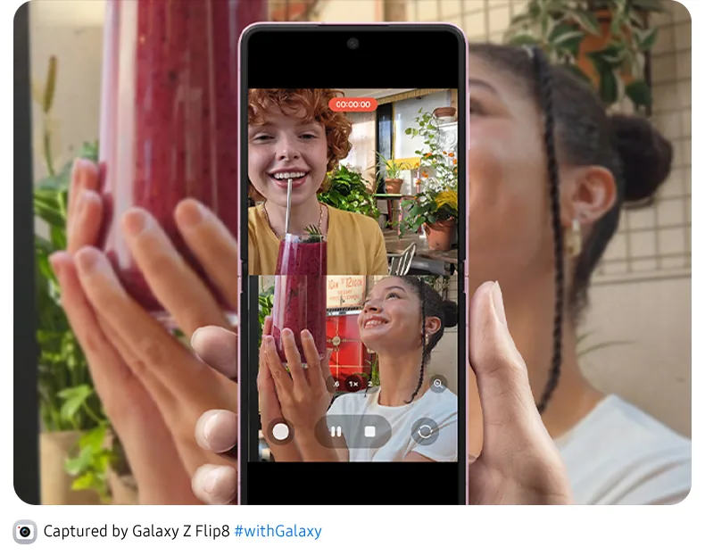 A Dual Recording video is being shot. The main screen of an unfolded Galaxy Z Flip8 shows both the user and their subject doing matching poses in a top-to-bottom split view.