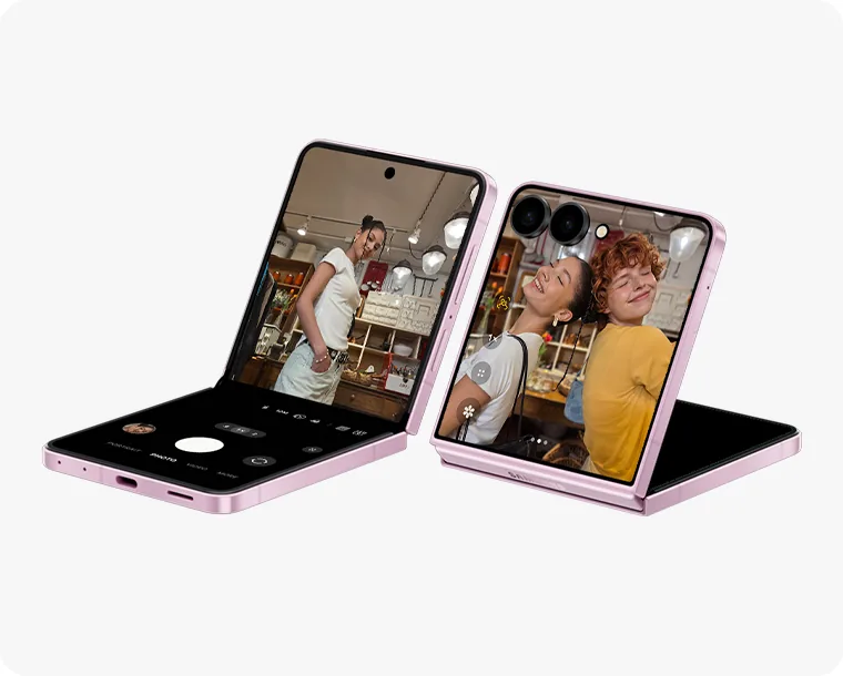 Two Galaxy Z Flip8 devices are seen in FlexMode. One can be seen from the main screen and the other from the cover screen. Selfies have been taken on FlexCam.