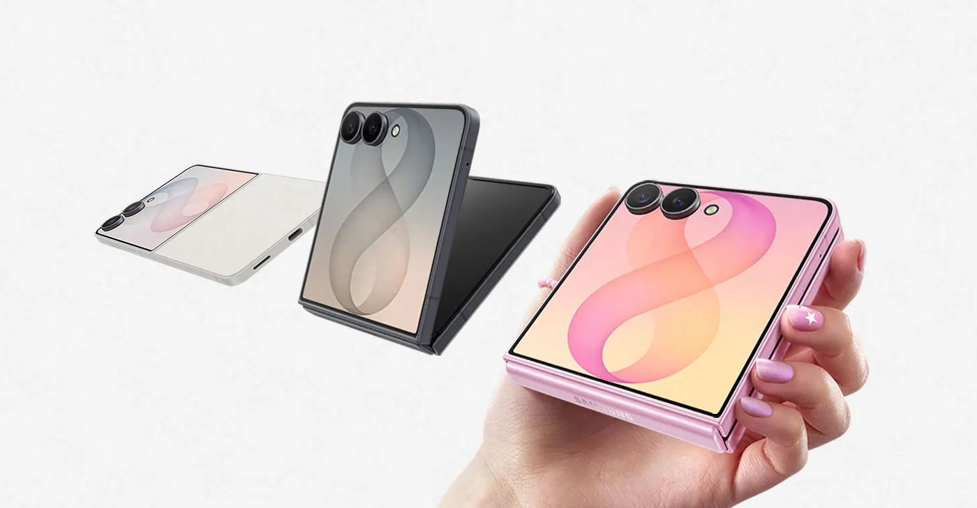 Samsung logo. Three Galaxy Z Flip8 devices in various positions. One device in Cream is seen unfolded from the back. Next, another device in Graphite is seen partially unfolded from the cover screen. Last, a folded device in Pink is seen being held in one hand with the cover screen facing up. Galaxy Z Flip8. Galaxy AI.
