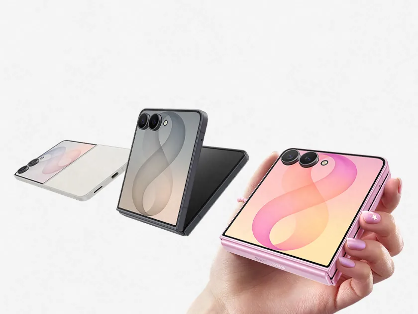 Samsung logo. Three Galaxy Z Flip8 devices in various positions. One device in Cream is seen unfolded from the back. Next, another device in Graphite is seen partially unfolded from the cover screen. Last, a folded device in Pink is seen being held in one hand with the cover screen facing up. Galaxy Z Flip8. Galaxy AI.
