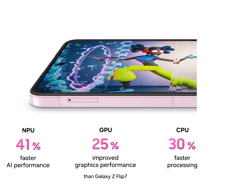 Unfolded Galaxy Z Flip8 is seen with a game-like video playing on the main screen.